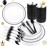 WELLIFE 700 Pieces Gold Plastic Dinnerware Set for 100 Guests - Includes Plates, Cups, Napkins, and Disposable Cutlery - Elegant White & Gold Design, Perfect for Parties and Events