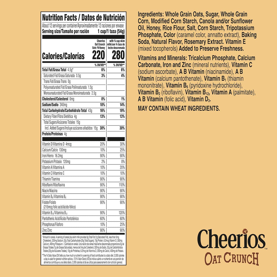 Cheerios Oat Crunch Oats 'N Honey Breakfast Cereal, 24 oz Family Size, Whole Grain, Multigrain