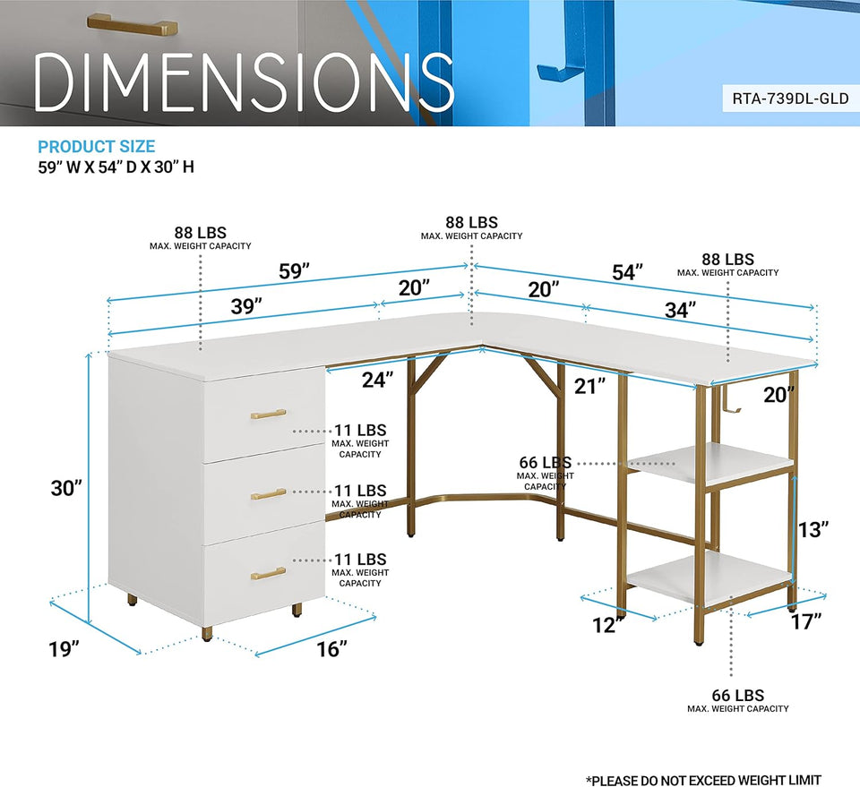 Techni Mobili L Shaped Desk - Two-Toned Computer Desk with Drawers & Storage Shelves - Simple Modern Furniture & Home Office Space Corner Table for Work & Writing