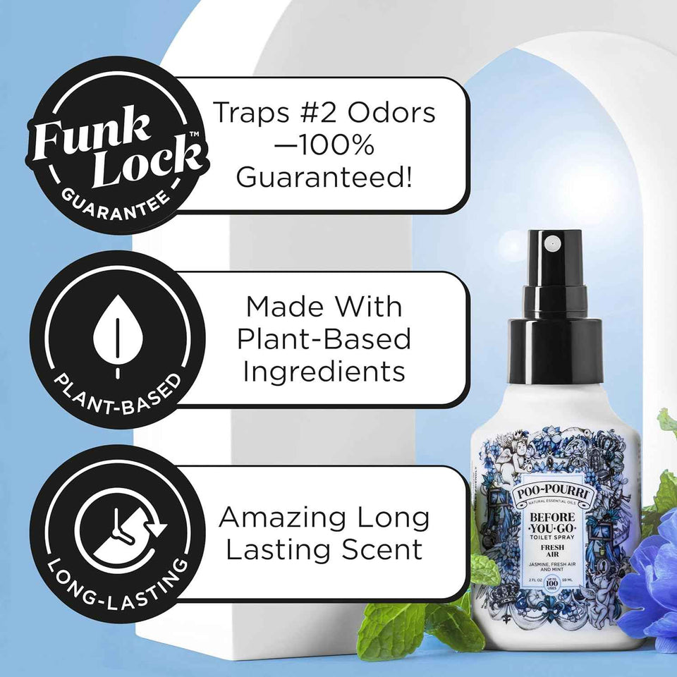 Poo-Pourri toilet spray, plant-based with essential oils, jasmine, mint, citrus scents, 4 oz bottle