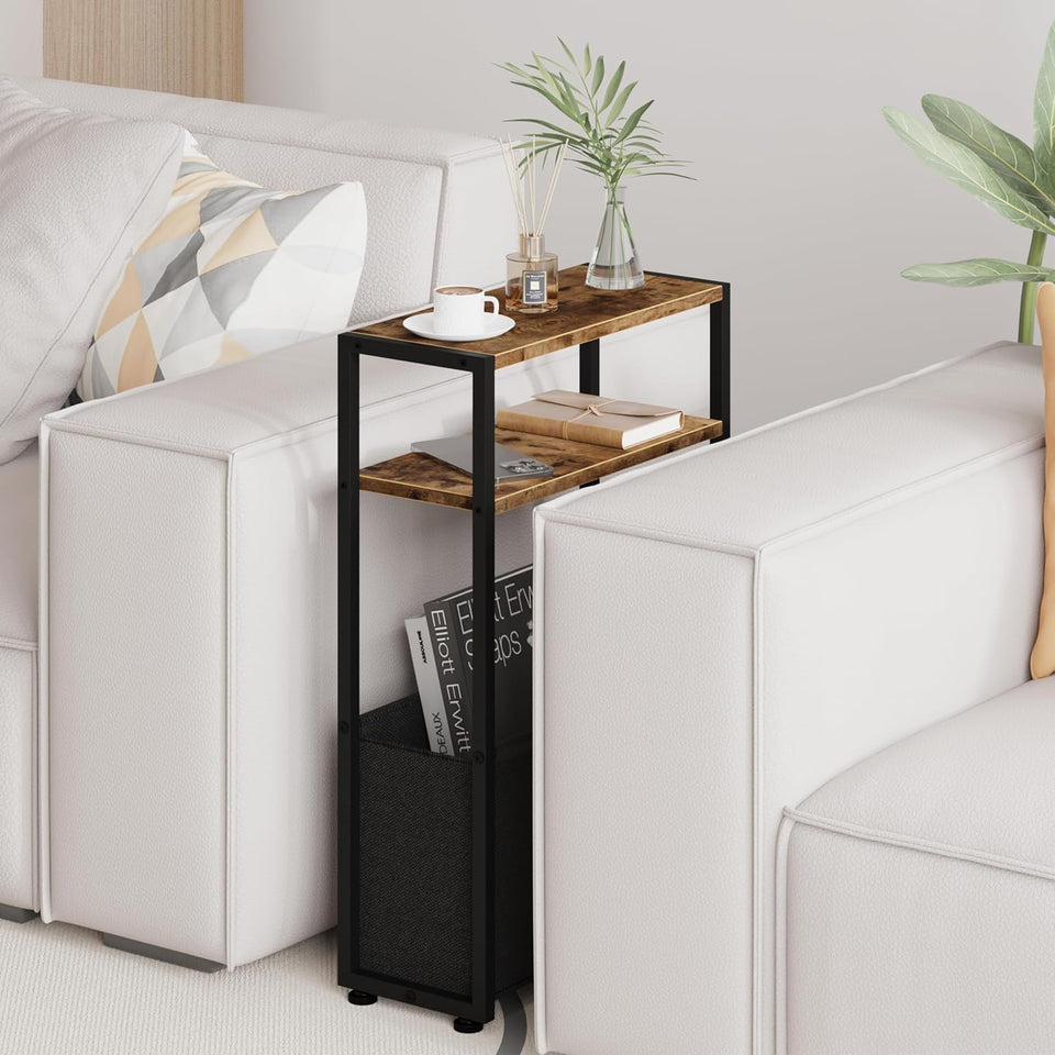Narrow Side Table, Slim End Tables with Fabric Basket, Skinny Table for Small Spaces, Thin Bedside Table for Living Room, Bedroom