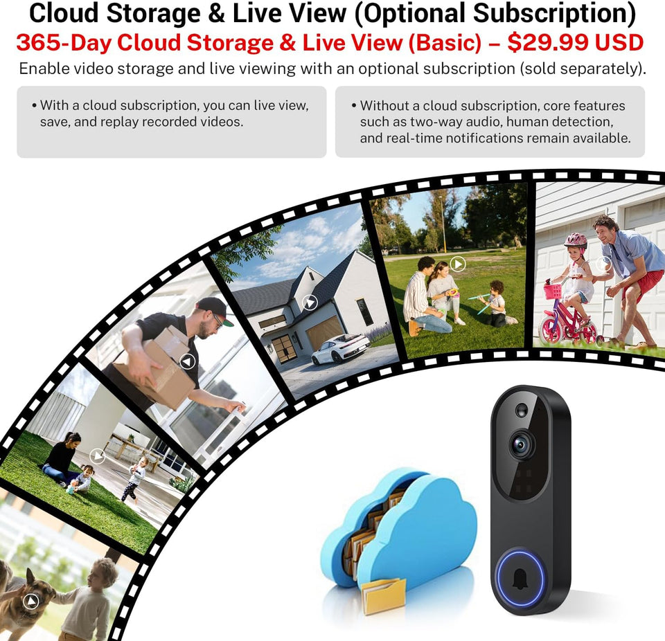 Orbitell 1080p Wireless Wi-Fi Video Doorbell Camera with Two Way Audio, Night Vision, Cloud Storage, Smart AI Motion Detection, Support 2.4GHz Wi-Fi only