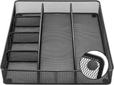 Desk Drawer Organizer - Metal Mesh, Anti-Slip, 6 Compartments, Black