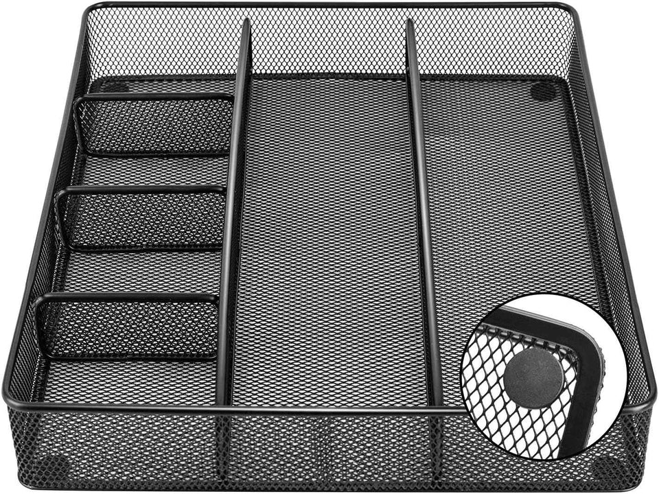 Desk Drawer Organizer - Metal Mesh, Anti-Slip, 6 Compartments, Black, Adjustable and Stackable