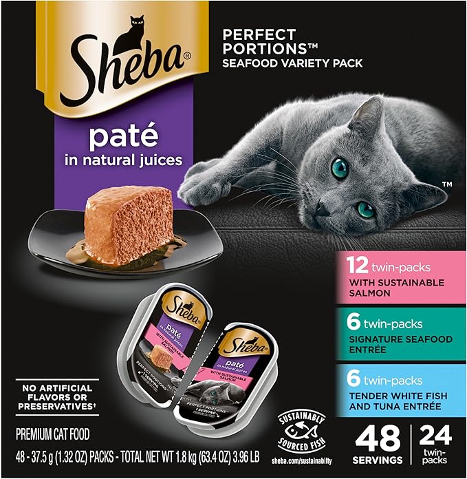 Sheba Perfect Portions Wet Cat Food Pate with Sustainable Salmon, Signature Seafood Entree, and Tender White Fish and Tuna Entree Variety Pack, 2.6 oz. Twin Pack Trays (24 Count, 48 Servings)