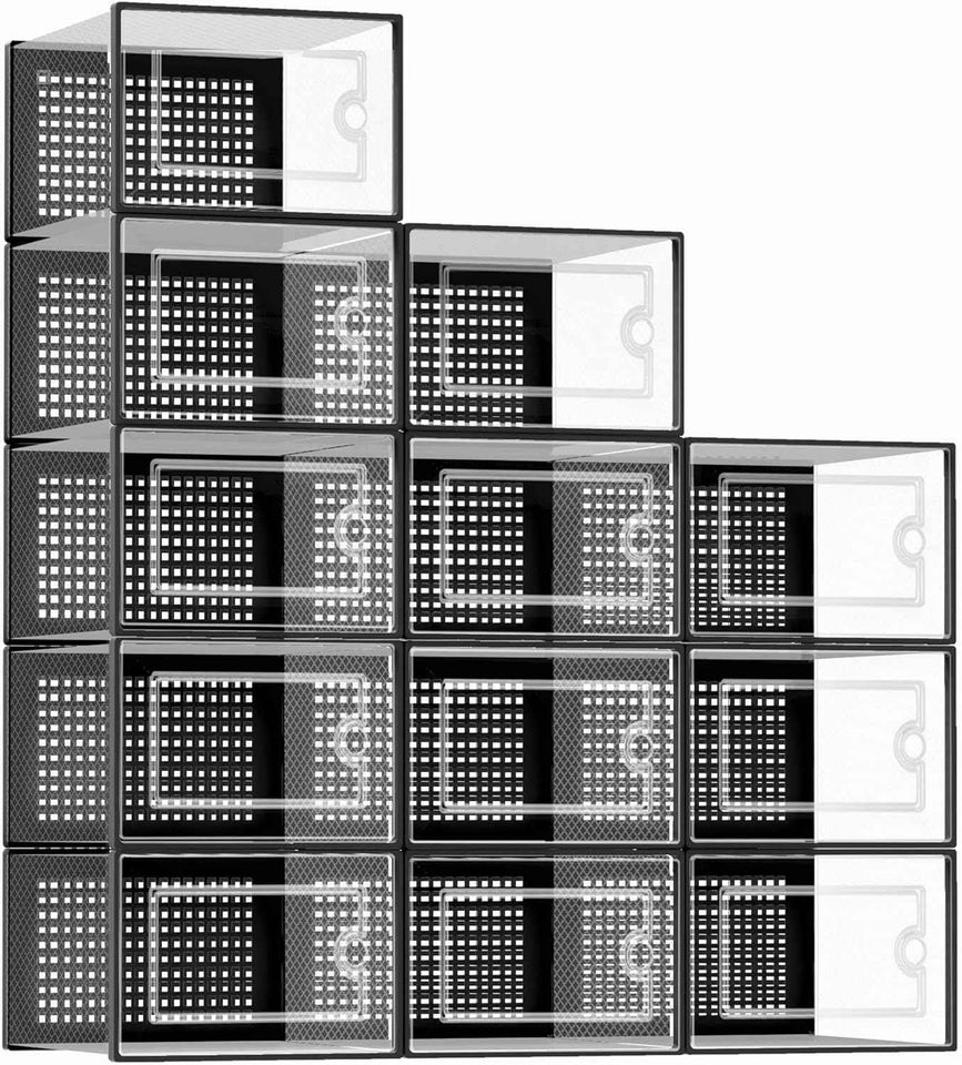 Kuject X-Large Clear Plastic Shoe Storage Boxes, Stackable 12 Pack, Black