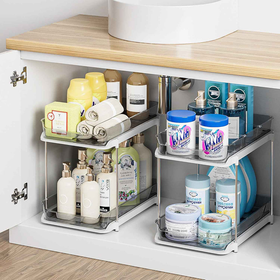 Delamu 2-Tier Multi-Purpose Bathroom Under Sink Organizers and Storage, Stackable Kitchen Pantry Organization, Pull Out Medicine Cabinet Organizer with Movable Dividers, White, 2 Pack