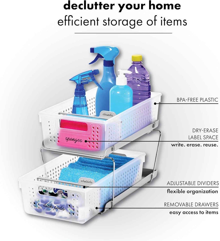 Madesmart 2-Tier Organizer for Kitchen Cabinets and Bathroom Sinks with Adjustable Dividers and Pull-Out Sliding Baskets