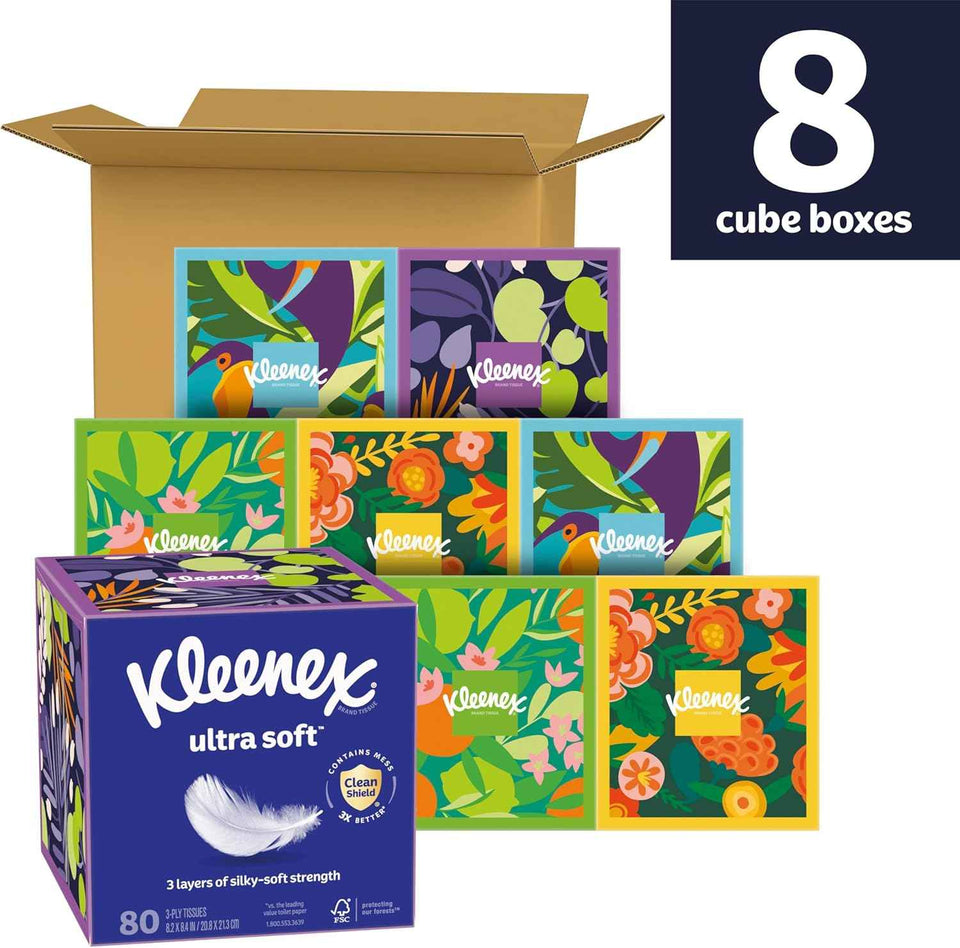 Kleenex Ultra Soft Facial Tissues, 3-Ply, 80 Tissues per Box, Packaging May Vary