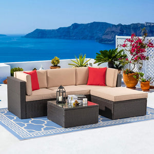Vongrasig 5 Piece Patio Furniture Sets, Outdoor Patio Set Sectional Sofa, All-Weather PE Rattan Outdoor Couch with Ottoman, Glass Table for Garden, Backyard, Porch, Beige