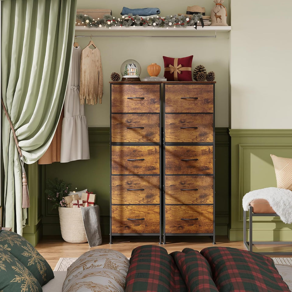 WLIVE Fabric Dresser for Bedroom, 5-Drawer Tall Dressers, Storage Organizer with Fabric Bins, Wood Top, Sturdy Steel Frame, Chest of Drawers for Closet, Hallway, Rustic Brown Wood Grain Print