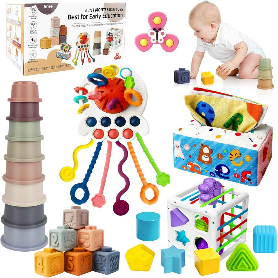 EPOGG 6-in-1 Montessori toys for babies 6-12 months, includes pull string toy, stacking cups, and more