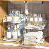 Delamu 2-Tier Bathroom Under Sink Organizer, Stackable Kitchen Pantry Organization, White, 2 Pack