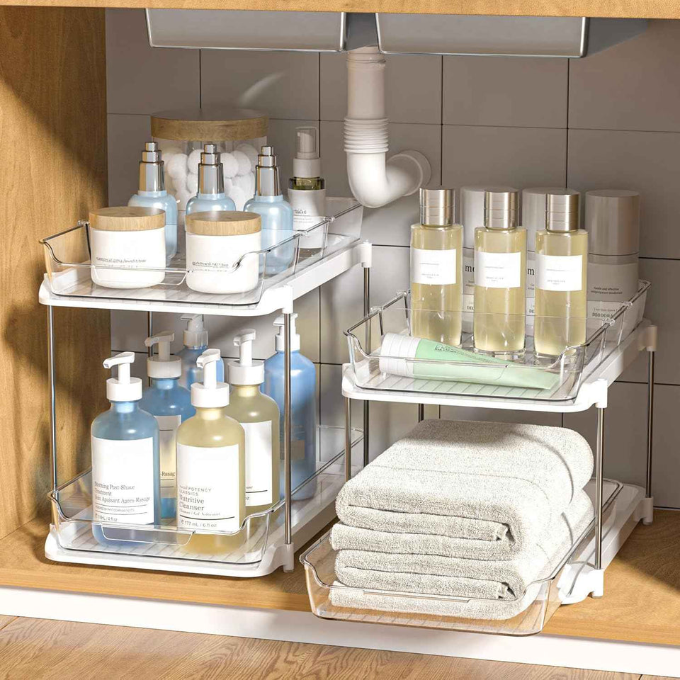 Delamu 2-Tier Bathroom Under Sink Organizer, Stackable Kitchen Pantry Organization, White, 2 Pack
