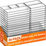 Criusia Large Drawer Organizer Bins 26 Pack | Complete 5 Size Clear Plastic Kitchen Drawer Organizers for Utensils | Bathroom Drawer Organizer Trays | Versatile for Makeup Office Organization