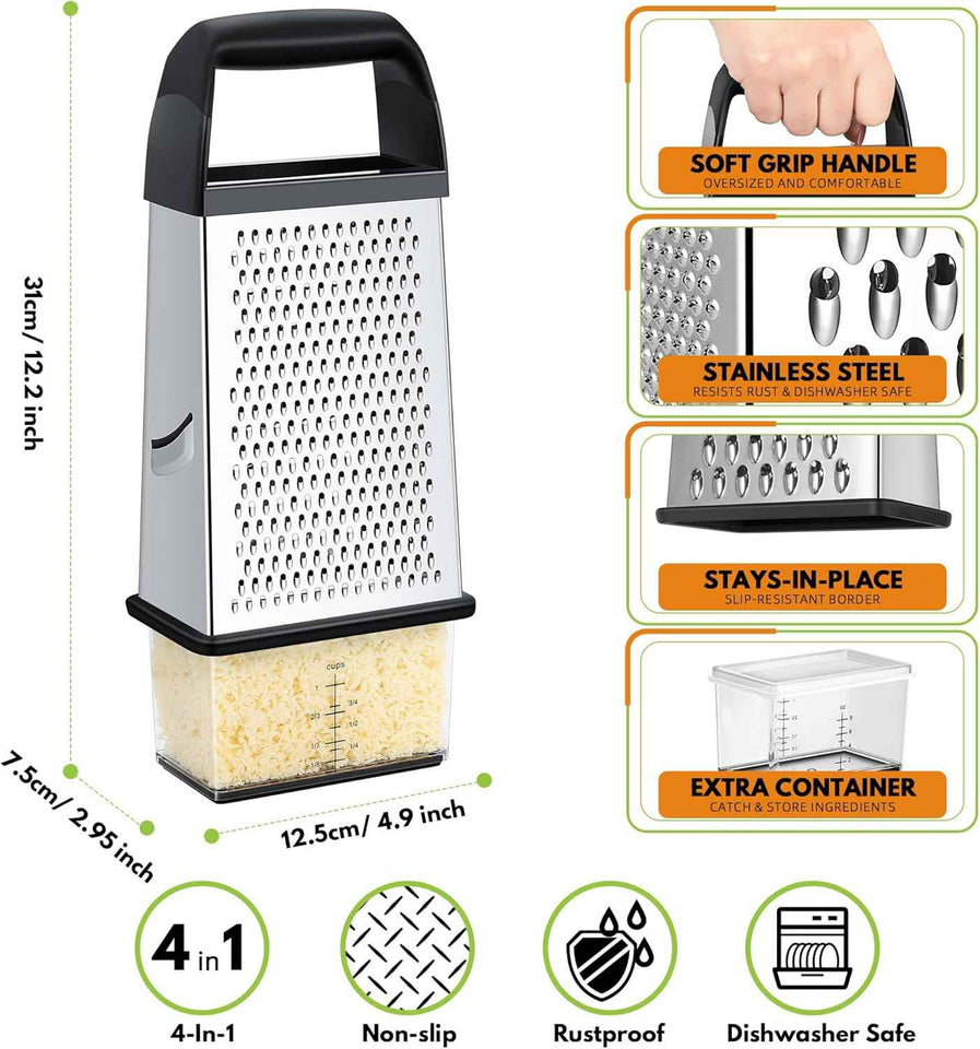 Urbanstrive 18/8 Stainless Steel Cheese Grater with Container Box, Zester, and Dishwasher Safe Kitchen Gadgets