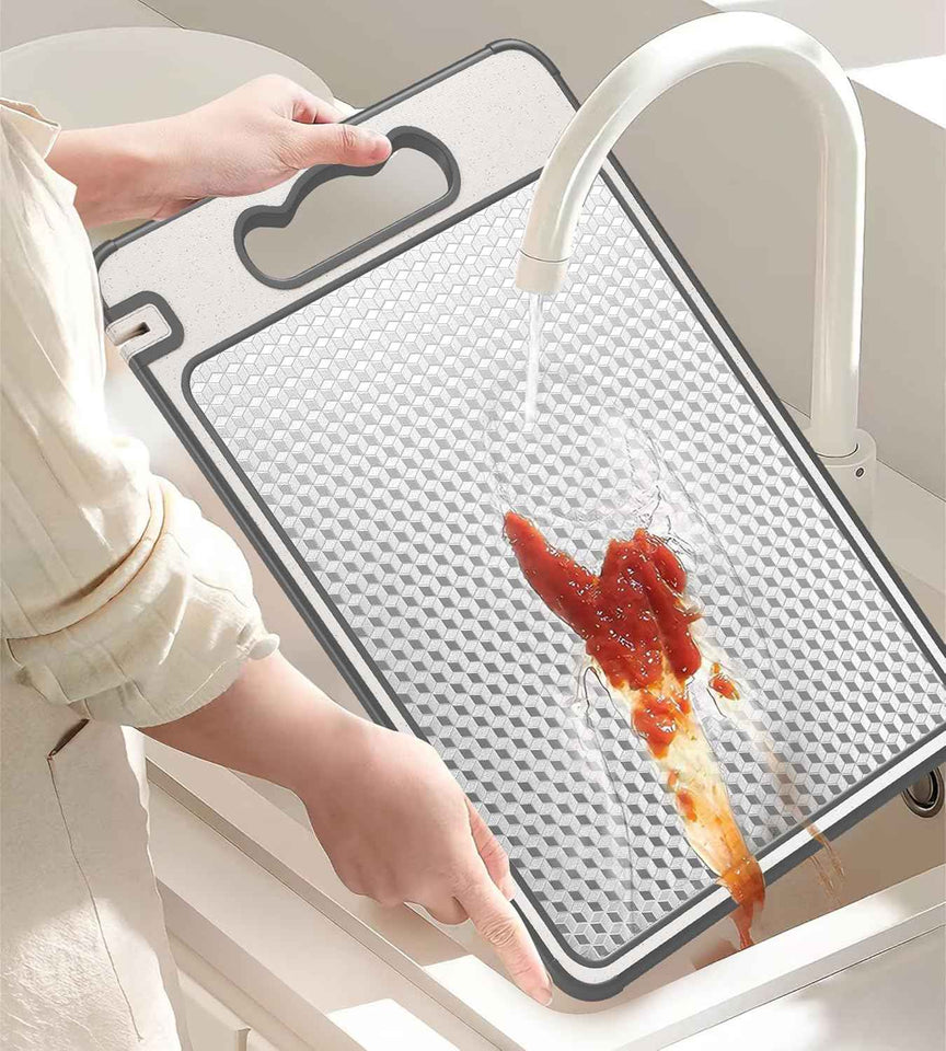 Double Sided 304 Stainless Steel & Wheat Straw Cutting Board, 14.4"*9.8" Non Toxic Chopping Board, Separately Handle Meat and Vegetables, Dishwasher Safe, Scratch Resistant Mesh Design