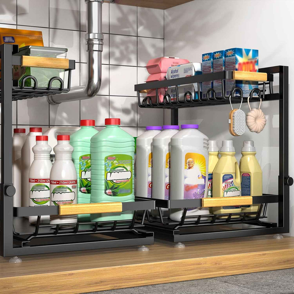 2 packs under sink organizer, 2026 upgrade, height adjustable, 2 tier, multi-purpose storage shelf