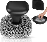 316 cast iron scrubber chainmail scrubber with pan scraper for kitchen and pan cleaning, dishwasher safe, black