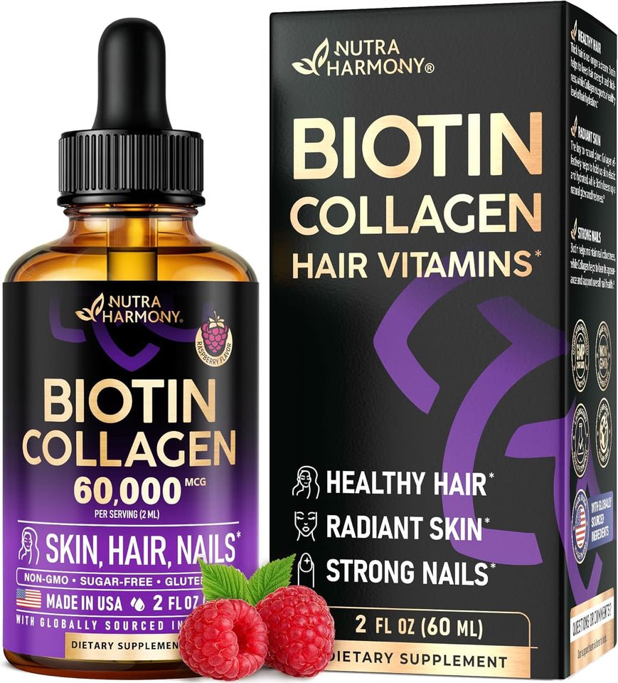 Liquid Biotin & Collagen 60,000 mcg - Vitamins for Hair Growth Support - Extra Strength Drops for Women & Men - Liquid Collagen Supplement - Strong Nails & Healthy Skin - Made in USA - 2 Fl Oz