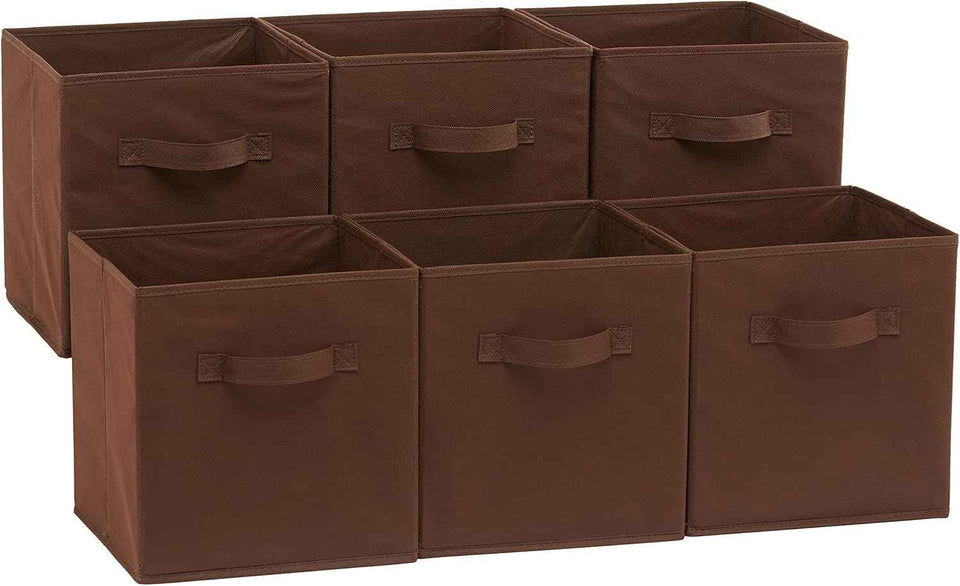 Amazon Basics Collapsible Fabric Storage Cubes Organizer with Handles, Sturdy, Beige, 10.5-x-10.5-x-11-inch, Pack of 6