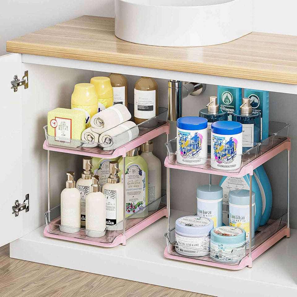 Delamu 2-Tier Multi-Purpose Bathroom Under Sink Organizers and Storage, Stackable Kitchen Pantry Organization, Pull Out Medicine Cabinet Organizer with Movable Dividers, White, 2 Pack