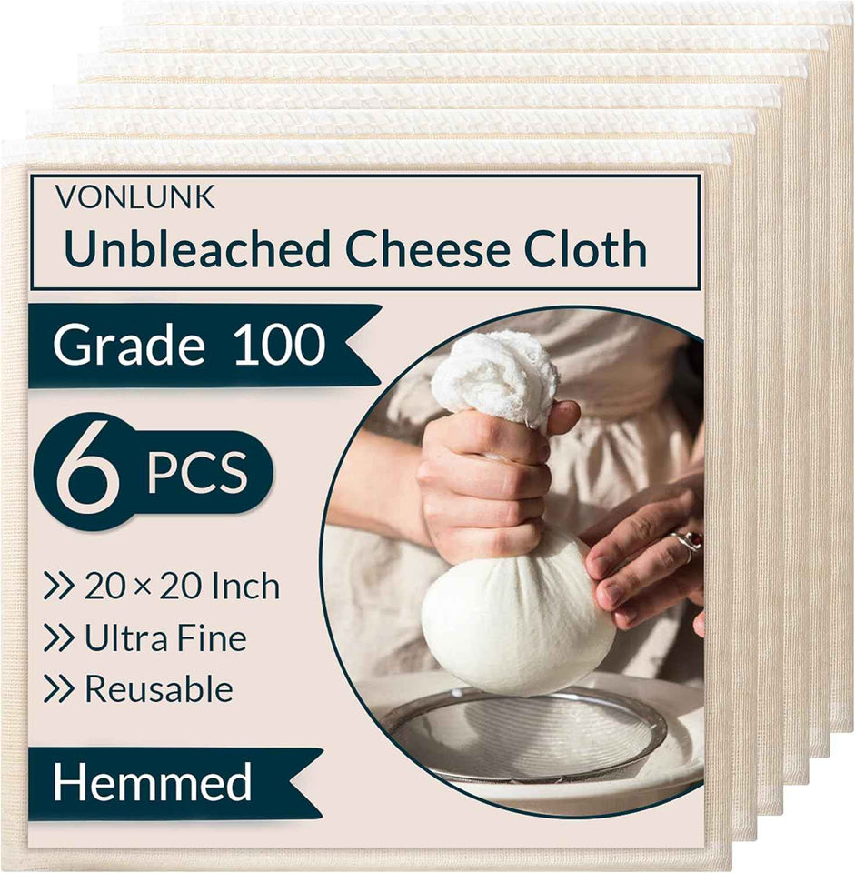 6-Pack Unbleached Cotton Cheesecloth Strainers for Cooking, Baking, and Cheese Making - 20x20 Inch Hemmed Grade 100 Cheesecloth
