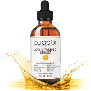 pura d'or 20% vitamin c serum 4 oz - lightweight, retinol, hyaluronic acid, ferulic acid treatment for face & eyes - men & women