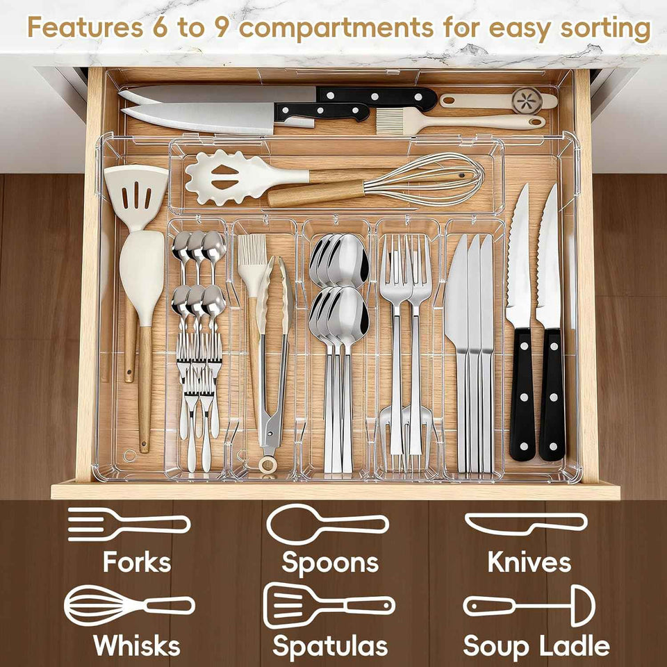 Expandable Silverware Organizer, Clear Utensil Drawer Tray with Adjustable Compartments for Spoons, Forks, Knives