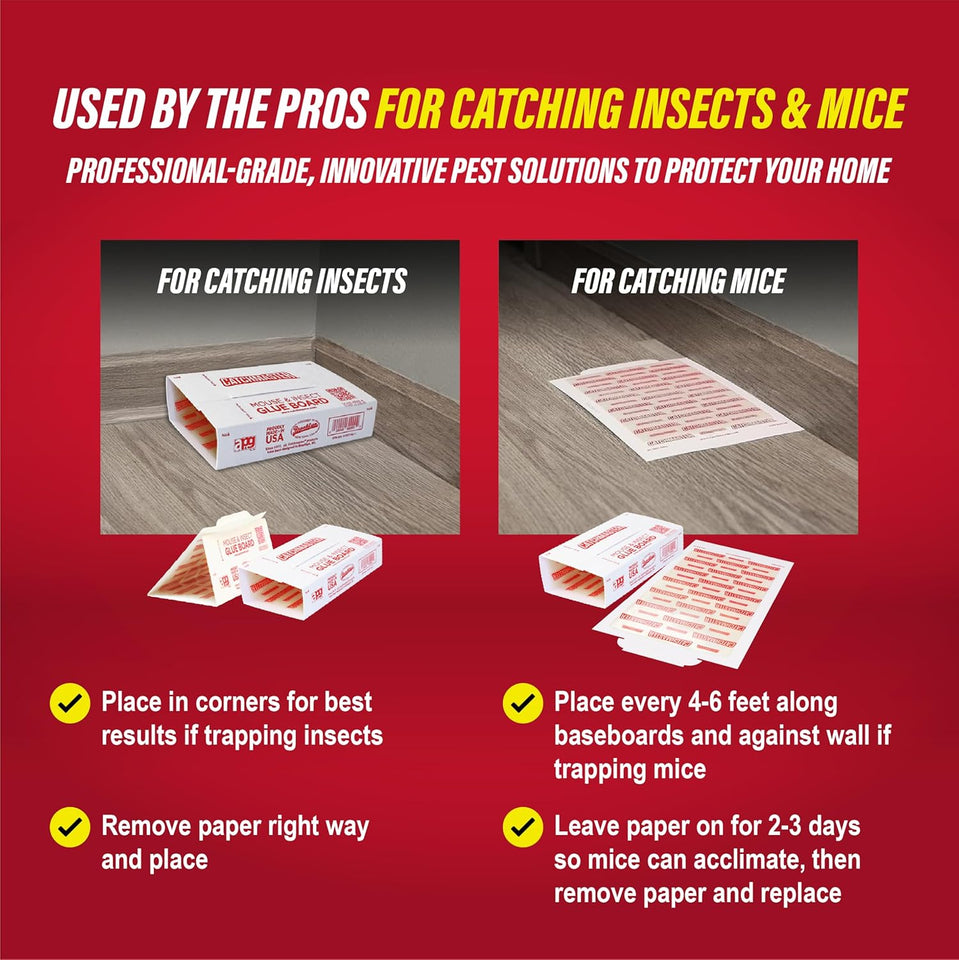 Catchmaster Sticky Insect & Mouse Traps 60-Count, 5.3"x8" Glue Boards for Mice & Insects, Ultra Sticky Rat & MouseTraps Indoor for Home Use in Garages, Basements & Attics, Pest Control for Home