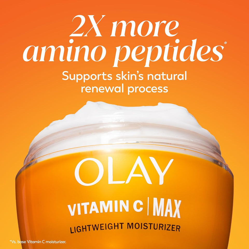 olay vitamin c max face moisturizer for women, hydrating and brightening cream with niacinamide, peptides, 1.7 oz