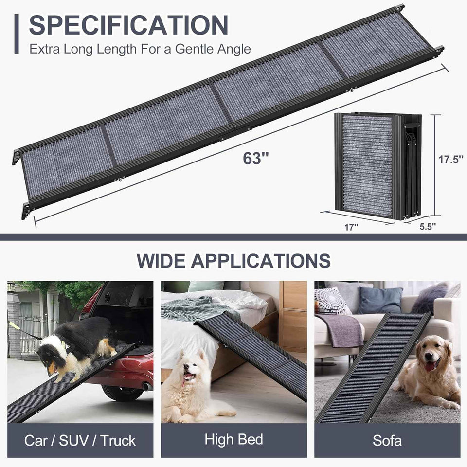 Dog Ramp for Large Dogs, 63" Long & 17" Wide, Non-Slip Rug, Portable, Folding, 250LBS Capacity