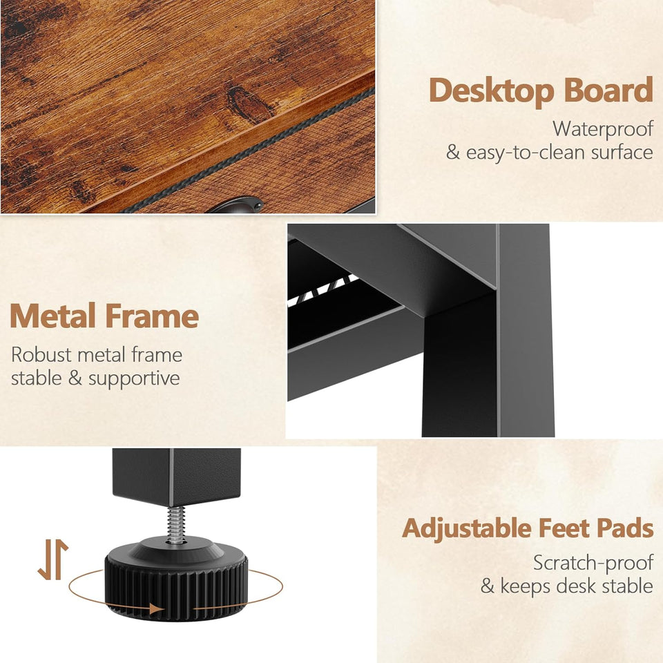 Furologee Small Computer Desk with 2 Fabric Drawers for Bedroom,34 Inch Home Office Writing Desk, Vanity Desk with Hooks, Simple Study Desk for Small Spaces, Makeup Dressing Table, Rustic Brown