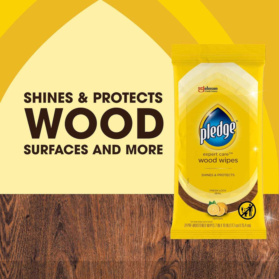 Pledge Expert Care Wood Wipes, lemon scent, 24 count, convenient wood surface cleaner