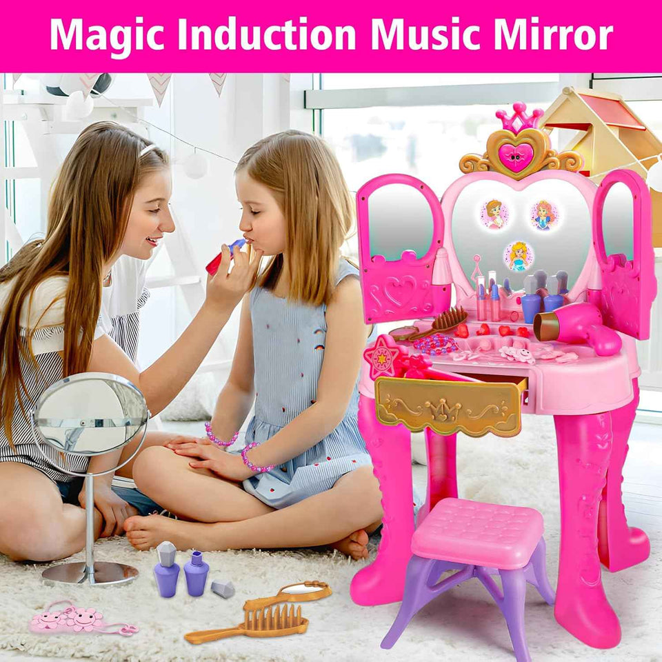Light Pink Magic Makeup Table & Chair Set for 2-5 year old girls with Music and Mirror, Princess Dress Up Playset