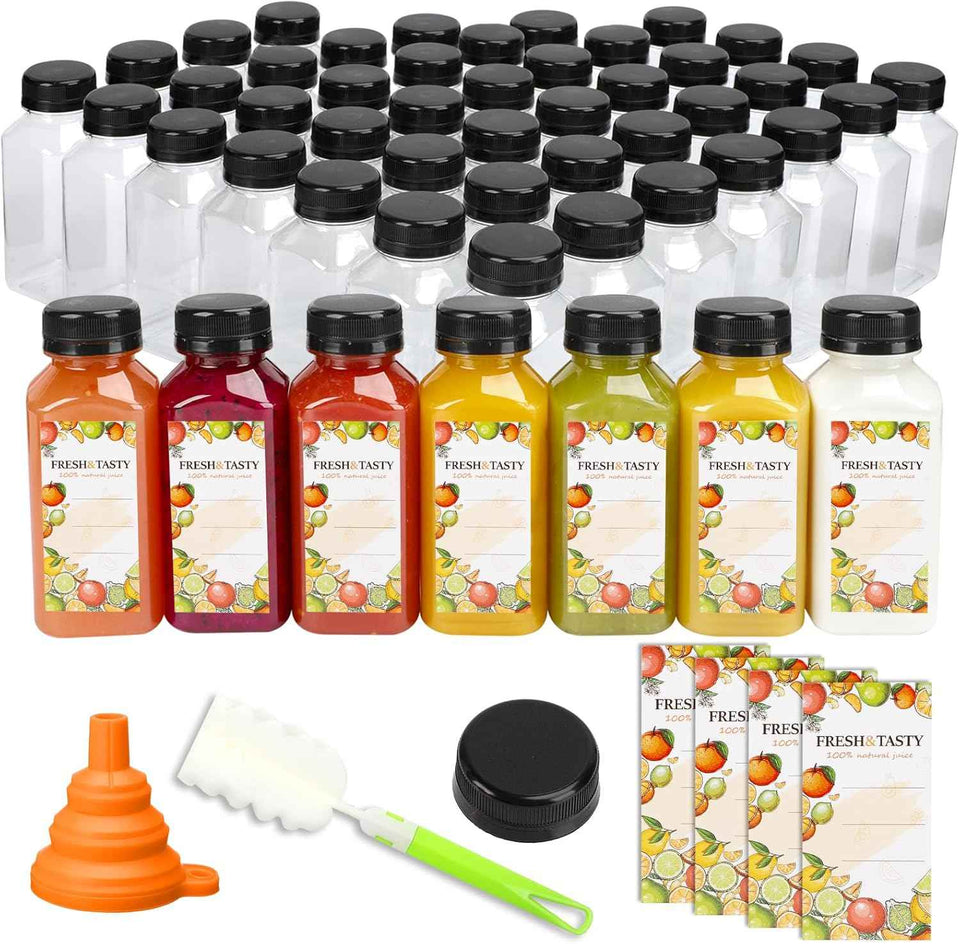 TOMNK 100pcs 16oz Plastic Beverage Containers, Black Caps with Label, Funnel and Brush for Juicing, Smoothies, Tea, Milk