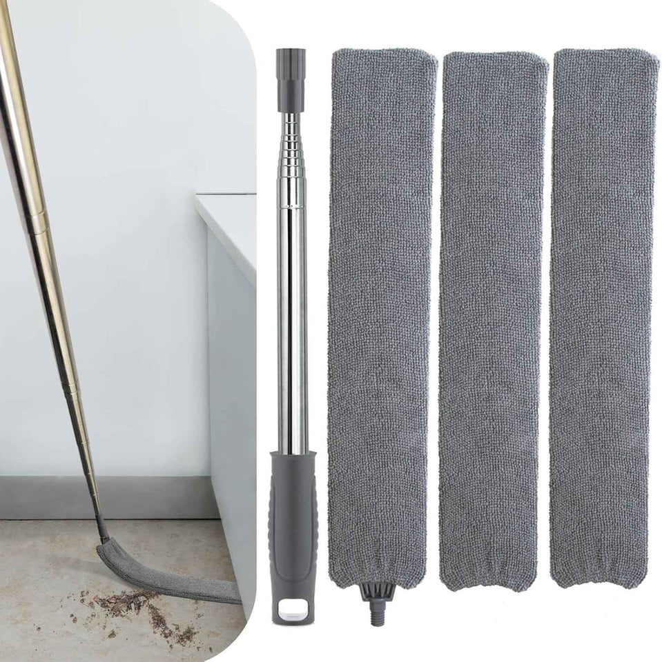 Retractable gap dust cleaner with 60-inch extension pole and 3 microfiber cloths for easy cleaning under appliances and furniture