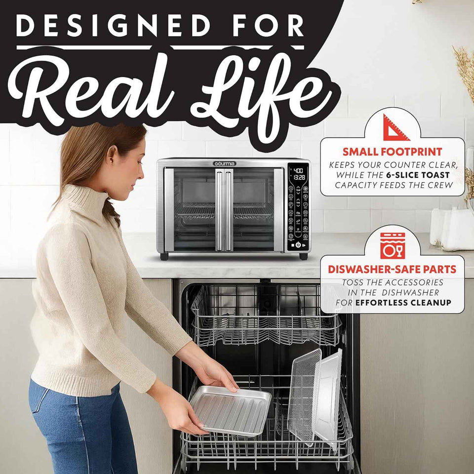 Gourmia French Door Air Fryer – 25 Qt Large Capacity Convection Oven, Fryfroce 360°, Digital Display with 17 Cooking Presets, Bake, Toast, Roast, Dehydrate, Fits 12” Pizza