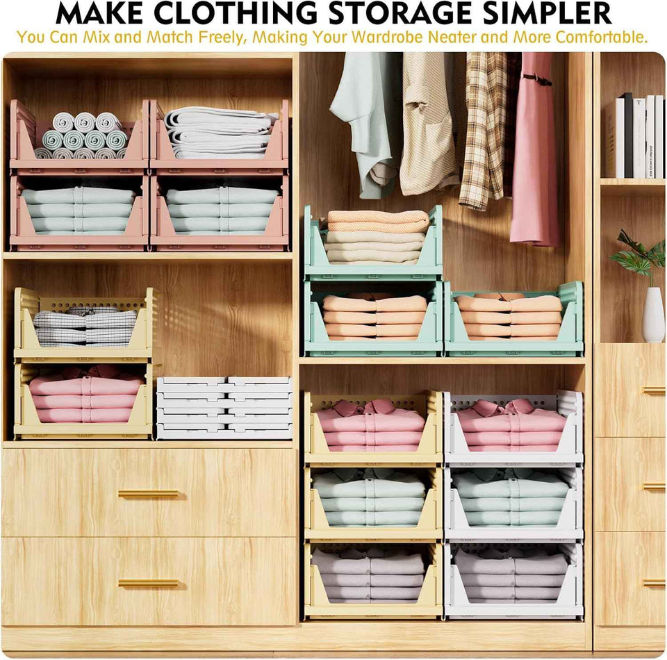 SNSLXH 5 Pack Stackable Closet Storage Baskets, Multifunctional and Foldable Closet Organizer for Bathroom Kitchen Laundry Room Wardrobe Storage