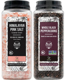 soeos Himalayan pink salt 39 oz + whole black peppercorns 18 oz coarse grain kosher salt non-gmo verified