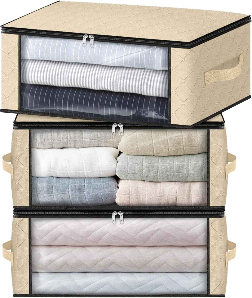 HomeHacks Storage 3-Pack Clothes Organizer Storage Bags Foldable Storage Box with Large Clear Window Sturdy Handles for Closet, Dorm, Pillows, Bedding, Clothes, Blankets, 35L, Gray