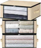 HomeHacks Storage 3-Pack Clothes Organizer Storage Bags Foldable Storage Box with Large Clear Window Sturdy Handles for Closet, Dorm, Pillows, Bedding, Clothes, Blankets, 35L, Gray