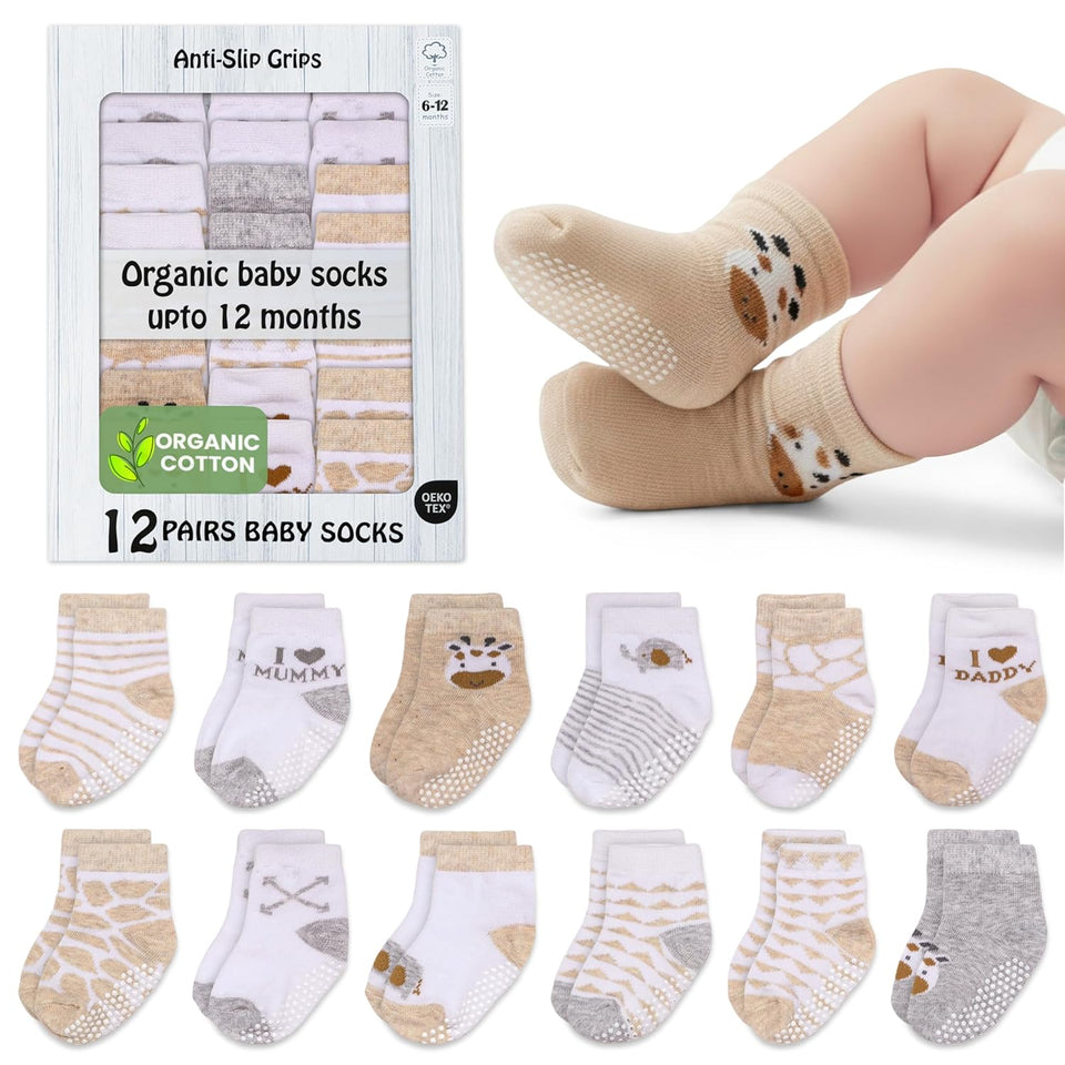 Mother's Choice Organic Cotton Baby Socks 0-6 Months, 12 pairs, Soft, Cozy, and Gentle Socks for Infants Girls and Boys