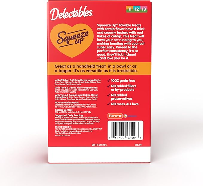 Delectables Squeeze Up Catnip Variety Pack, Creamy Squeezable Puree, Lickable Wet Cat Treats, Grain Free, No Added Fillers, No by-Products, No Added Preservatives, 0.5 Ounces Tube, 20 Tubes Total