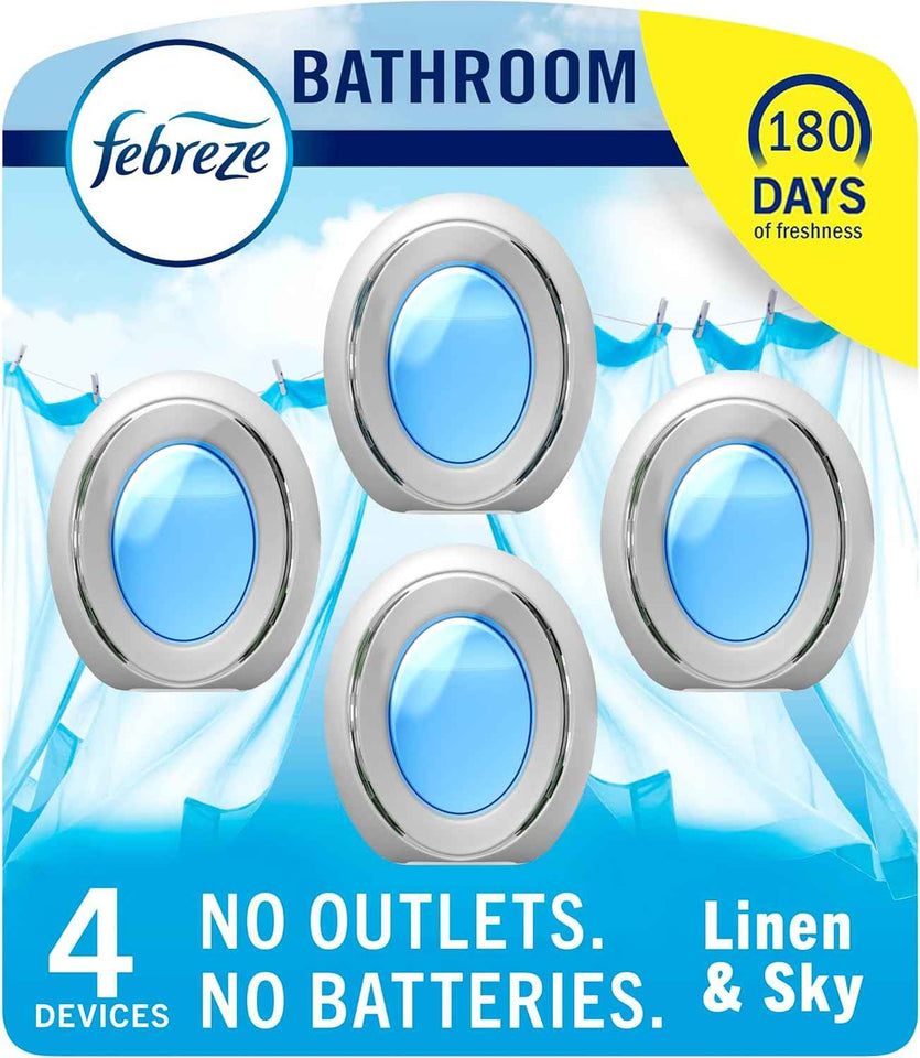 Febreze Bathroom Air Freshener, Odor-Fighting, Plug In Alternative, Air Fresheners for Home, Bathroom, & Kitchen, Closet Air Fresheners, Pet & Litter Box Odor Fighter, Refresh & Energize Scent, 4ct