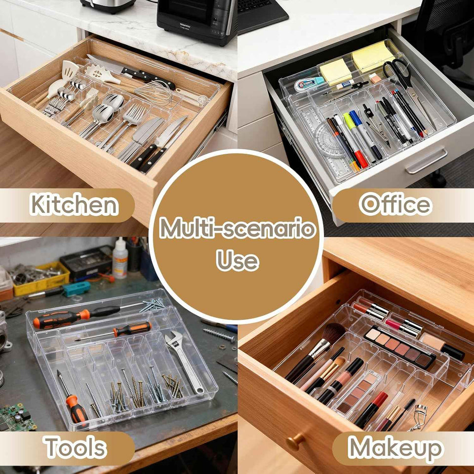 Expandable Silverware Organizer, Clear Utensil Drawer Tray with Adjustable Compartments for Spoons, Forks, Knives