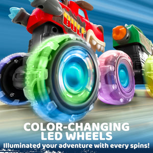 JOYIN 3 Pack Monster Truck Toy - Motion Activated Light Up Cars for Toddlers - Monster Glow Rover LED Wheels - Baby Boy Toys - Press and Go Dinosaur Trucks for Kids Boy Birthday Gifts