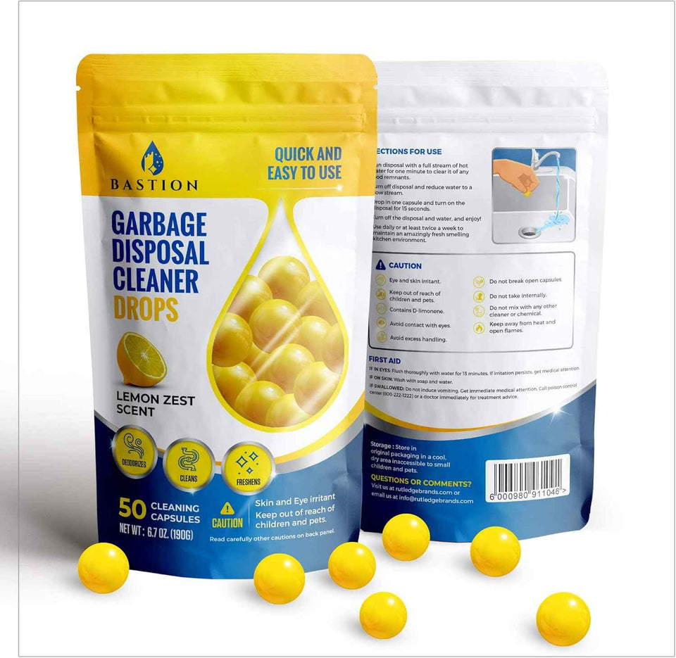 Bastion lemon zest scented 50-count garbage disposal cleaner drops & deodorizer pods for kitchen sink