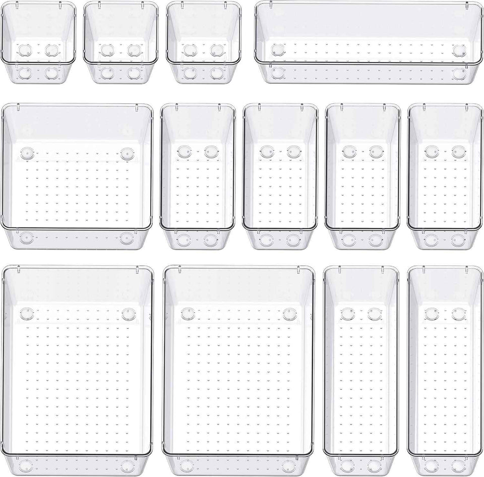 SMARTAKE 13-Piece Drawer Organizers with Non-Slip Silicone Pads, 5-Size Desk Bathroom Drawer Organizer Trays Storage Tray for Makeup, Jewelries, Utensils in Bedroom Dresser, Office and Kitchen, Clear
