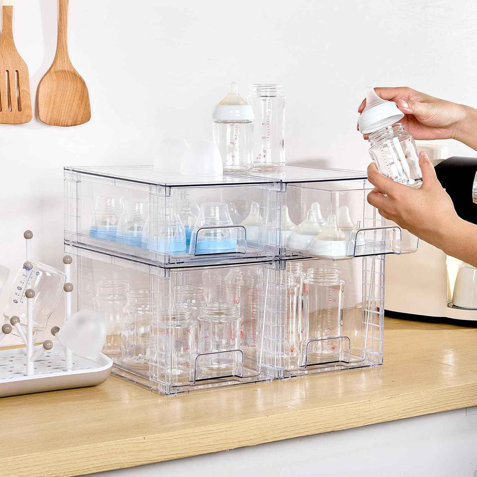 4 Pack Clear Stackable Storage Drawers for Under Sink, Kitchen, and Bathroom Organization